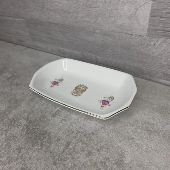Hollóházi porcelán virágmintás nyolcszögletű kis kínáló Császári pékség felirattal