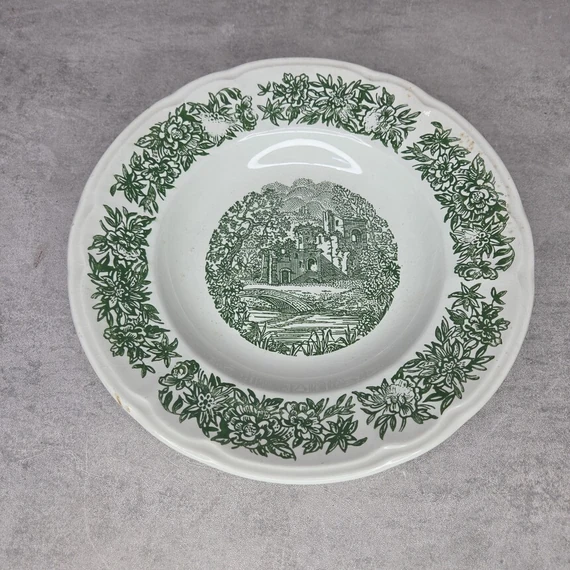 Wilhelmsburg porcelán zöld mintás fehér mélytányér