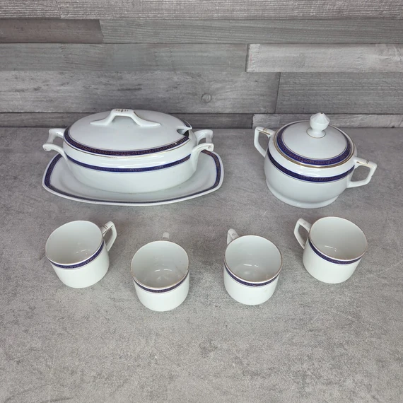 Eichwald antik csehszlovák kék-arany mintás porcelán kávéskészlet