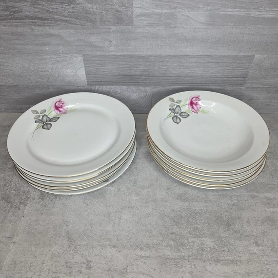 Alföldi porcelán aranyszélű rózsamintás mélytányér és lapostányér szett