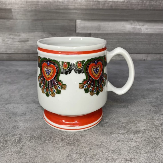 Hollóháza Hungary Oroszlányi szén, népies mintázatú porcelán korsó